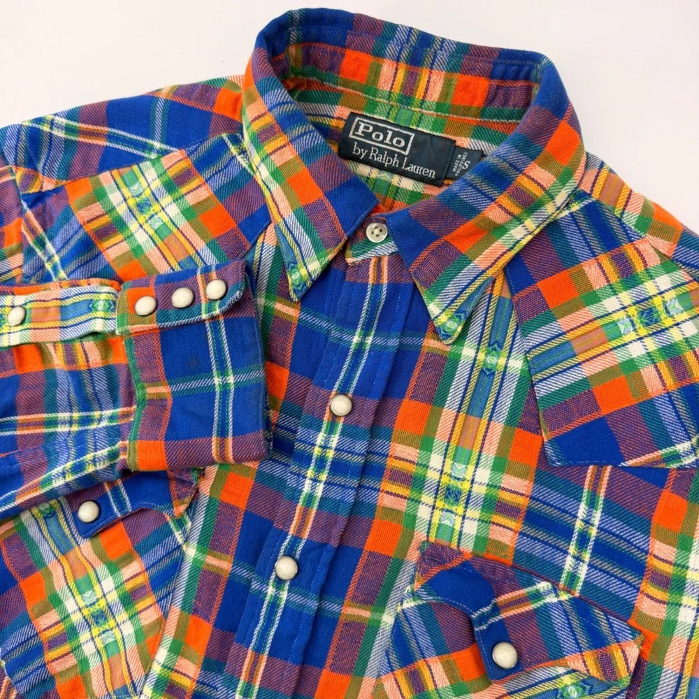 Polo Ralph Lauren Western Shirt Mens‎ Small Blue Orange Plaid Pearl Snap Cotton
